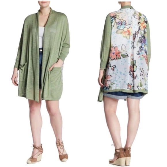 Melissa McCarthy Seven7 Floral Boho Cardigan Open Front Drape Green Fall Sz 2X - Picture 2 of 10